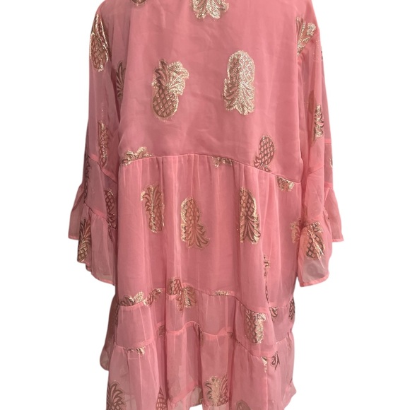 Simply Southern pink gauzy tiered short dress foiled tinsel gold pineapples XXL - Picture 4 of 13